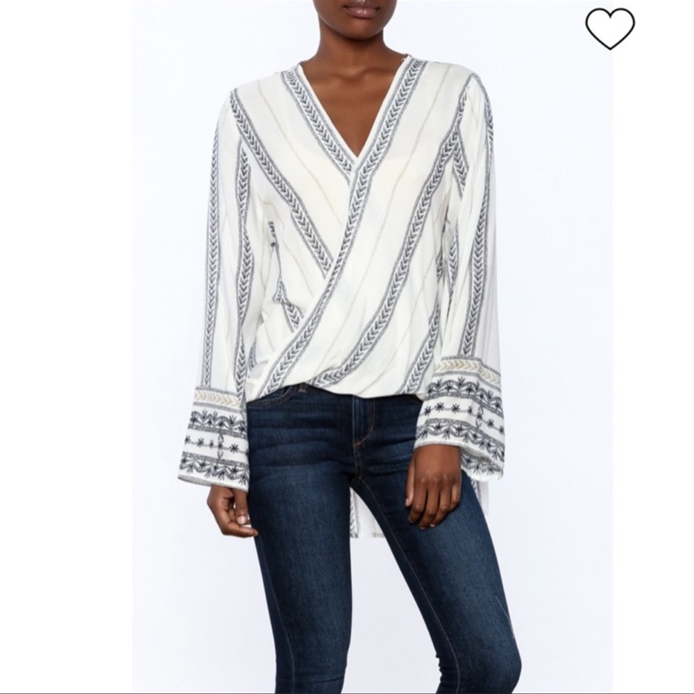 IntoCute Ivory and Blue Faux Wrap Top. Women’s size 10